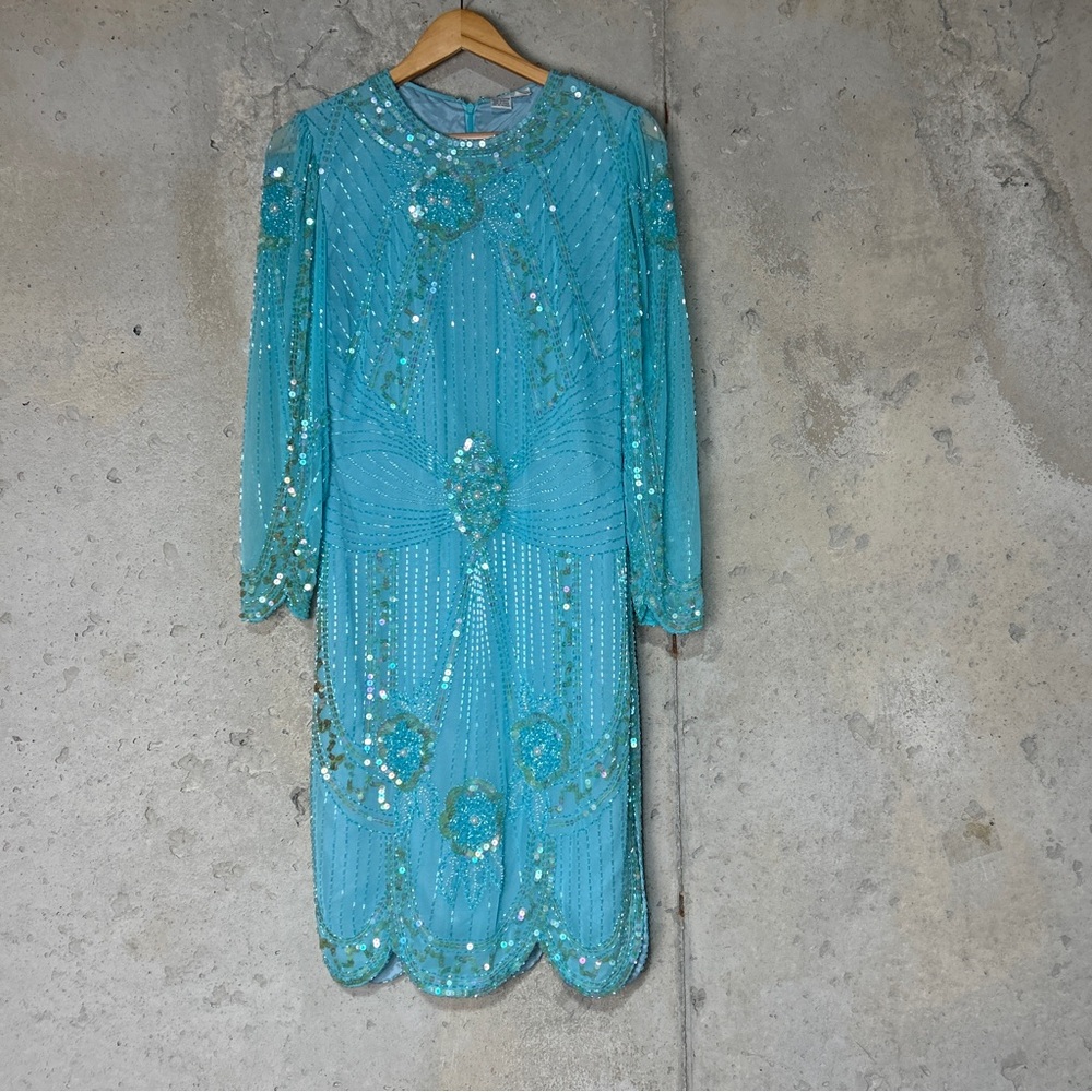 Vintage unbranded turquoise beaded long sleeve midi dress petite small